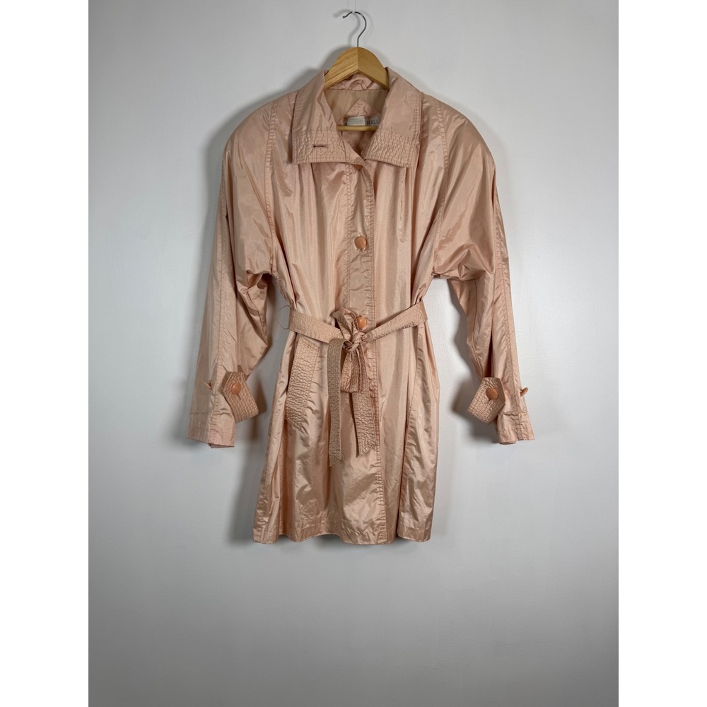 Vintage Saxton Hall Women 11/12 Trench Coat Pink Shimmer Belted Quilted Collar